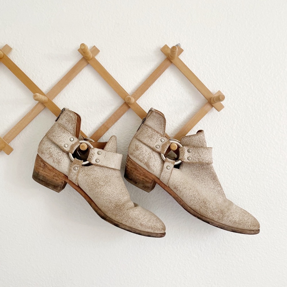 Frye Ankle Booties - Ray Harness Boot in Distressed Cream with Back Zip